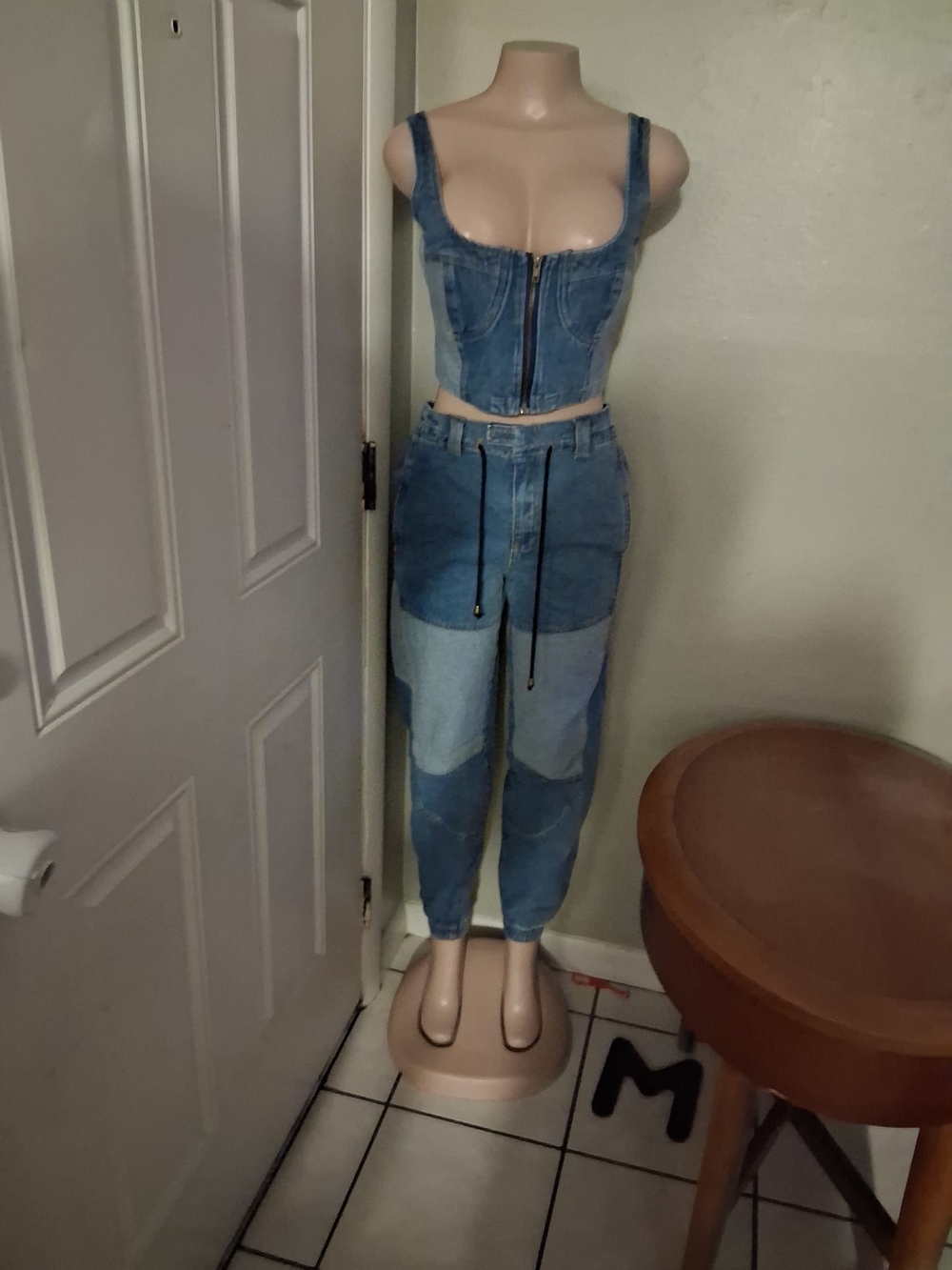 High-Waist Patchwork Blue Denim Jeans